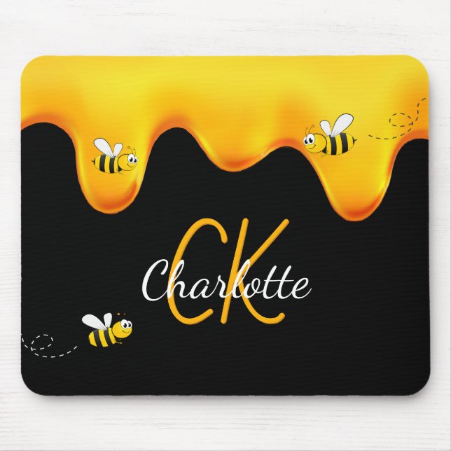 Tapis De Souris Bumble abeilles miel goutte noir monogramme (Devant)