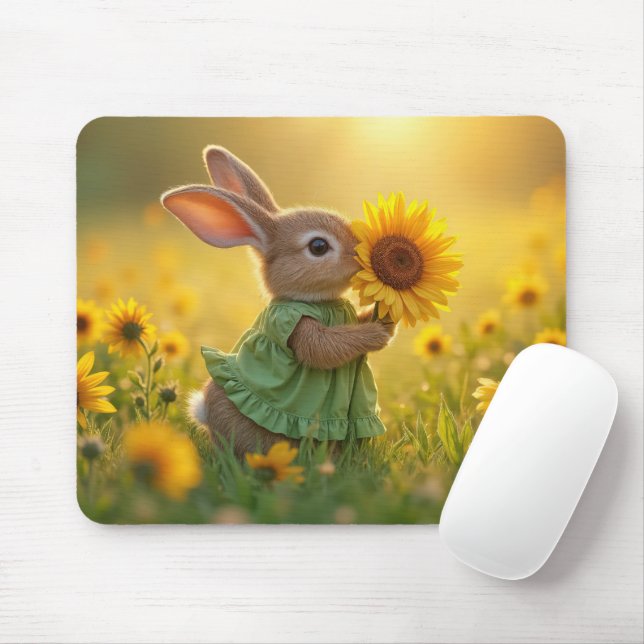 Tapis De Souris Bunny Sniffer un tournesol jaune (Avec souris)