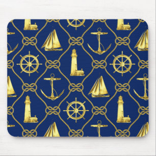 Tapis De Souris Bureau de voilier Nautical Gold Blue Lighthouse