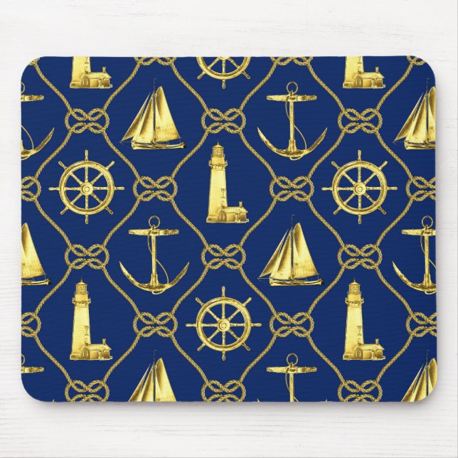 Tapis De Souris Bureau de voilier Nautical Gold Blue Lighthouse (Devant)
