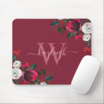 Tapis De Souris Burgundy Watercolor Floral Name Monogrammed<br><div class="desc">Burgundy watercolor botanical peony rose floral on bordo personalized monogrammed Mouse Pad. Burgundy, marsala, white watercolor peony roses, botanical floral design with dark green leaves and berries on burgundy, bordo, or wine red background. Feature an elegant swirly handwritten typography design with your name, monogram and pretty burgundy, white peony roses...</div>