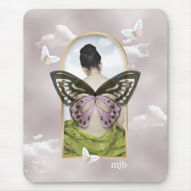 Tapis De Souris Butterfly Dreams Collage Imaginaire avec Monogramm (Devant)