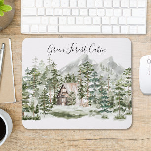 Tapis De Souris Cabane aquarelle dans la forêt de pins verts boisé
