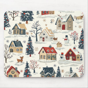 Tapis De Souris Cabanes enneigés vintage Noël rouge marine