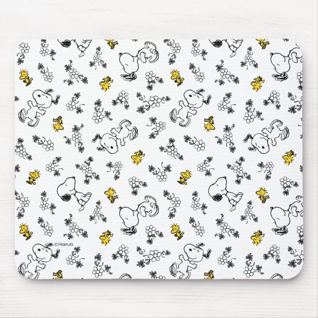 Tapis De Souris cacahuètes | Snoopy & Woodstock B&W Flower Motif (Devant)