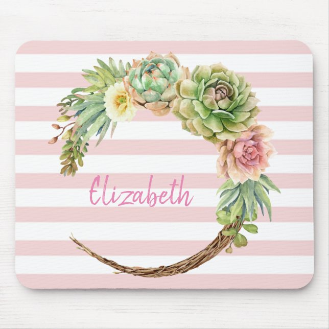 Tapis De Souris Cactus Aquarelle Adorable, Rayures de Succulente (Devant)