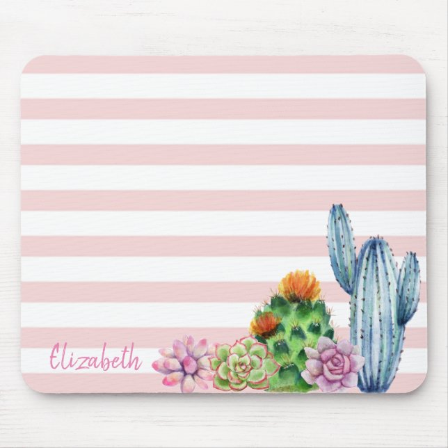 Tapis De Souris Cactus aquarelle adorable, rayures de succulente  (Devant)