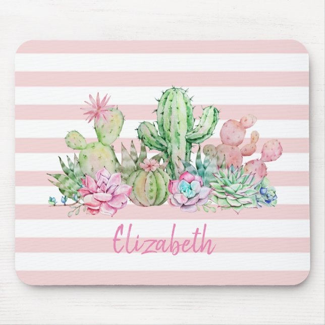 Tapis De Souris Cactus aquarelle adorable, rayures roses succulent (Devant)