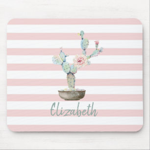 Tapis De Souris Cactus aquarelle chic, rayures roses 