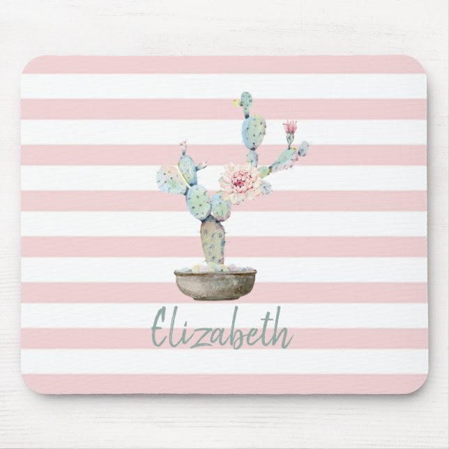 Tapis De Souris Cactus aquarelle chic, rayures roses  (Devant)