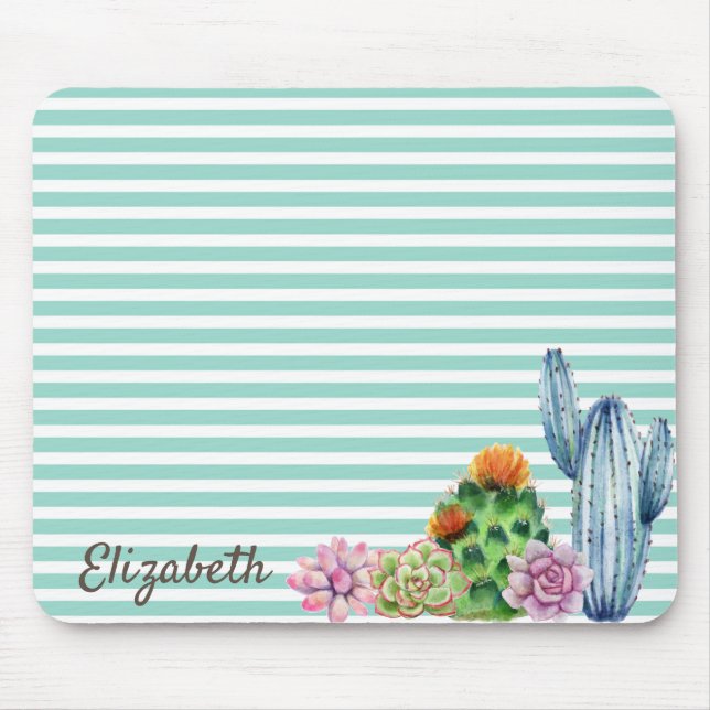 Tapis De Souris Cactus aquarelle, rayure vert menthe (Devant)