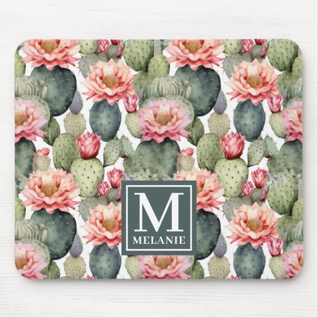 Tapis De Souris Cactus Motif Fleurs roses Monogramme (Devant)