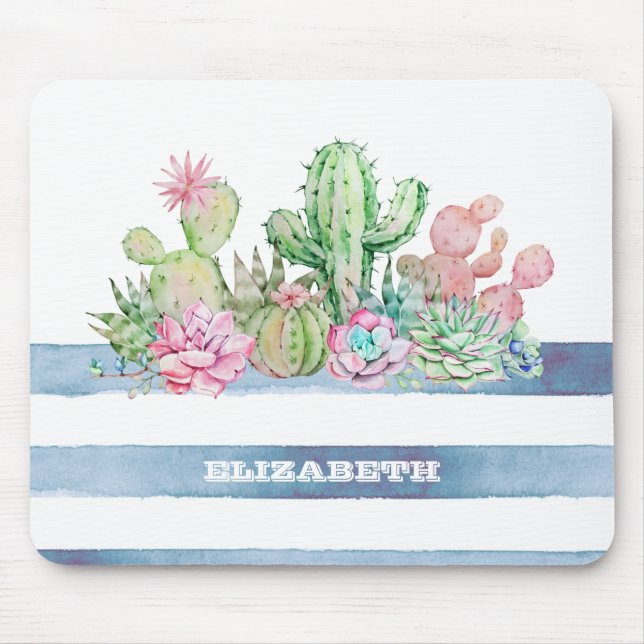 Tapis De Souris Cactus Succulent Fleurs Aquarelle Rayures  (Devant)