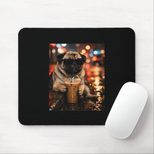 Tapis De Souris Cadeau drôle de Pug buvant du café glacé pour amat