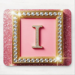 Tapis De Souris Cadre Doré Initiale Diamant I Monogramme Paillette