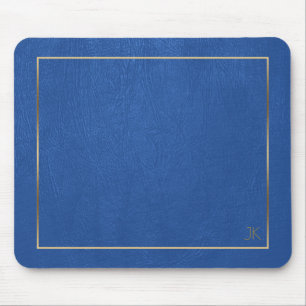 Tapis De Souris Cadre Or en Cuir Bleu - Monogramme Personnalisé