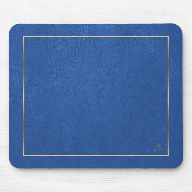 Tapis De Souris Cadre Or en Cuir Bleu - Monogramme Personnalisé (Devant)