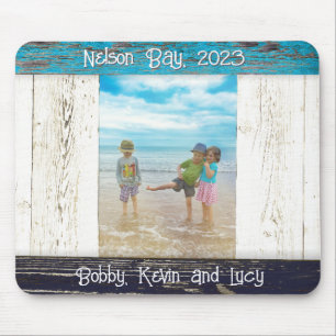 Tapis De Souris Cadre photo en bois blanc bleu rustique de plage