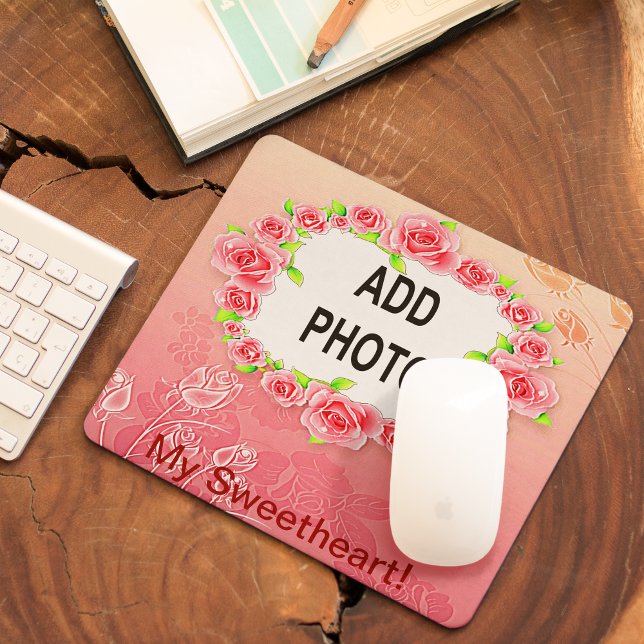 Tapis De Souris Cadre rose Roses Valentine Ajouter Votre Photo (Pink Roses Frame Valentine Add Your Photo Mouse Pad)