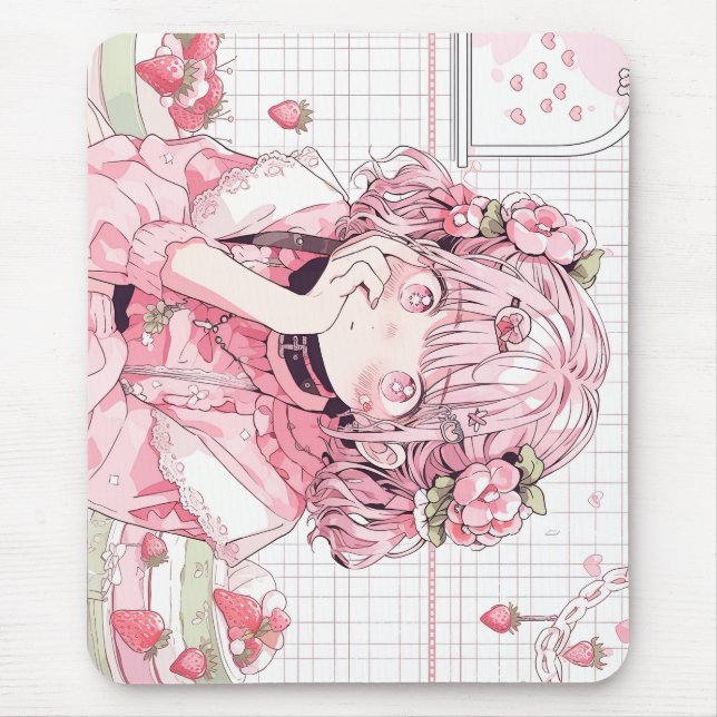 Tapis De Souris Café rose Kawaii Anime Girl (Devant)