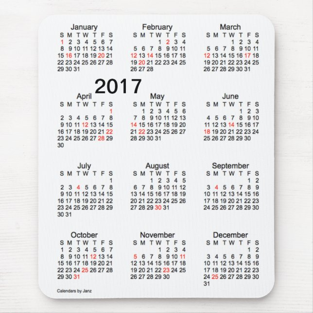Tapis De Souris Calendrier 2017 de vacances de gros caractères par (Devant)