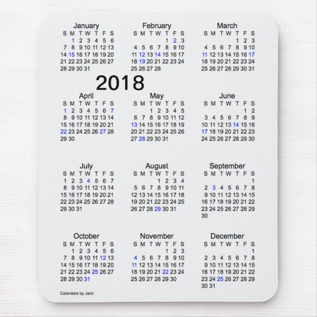 Tapis De Souris Calendrier 2018 de vacances de gros caractères par (Devant)