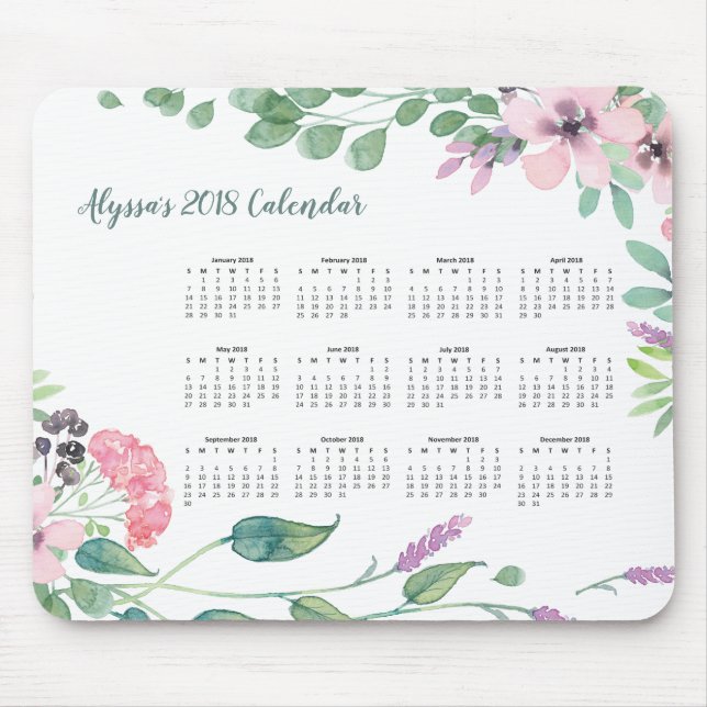 Tapis De Souris Calendrier 2018 floral de la belle aquarelle | (Devant)
