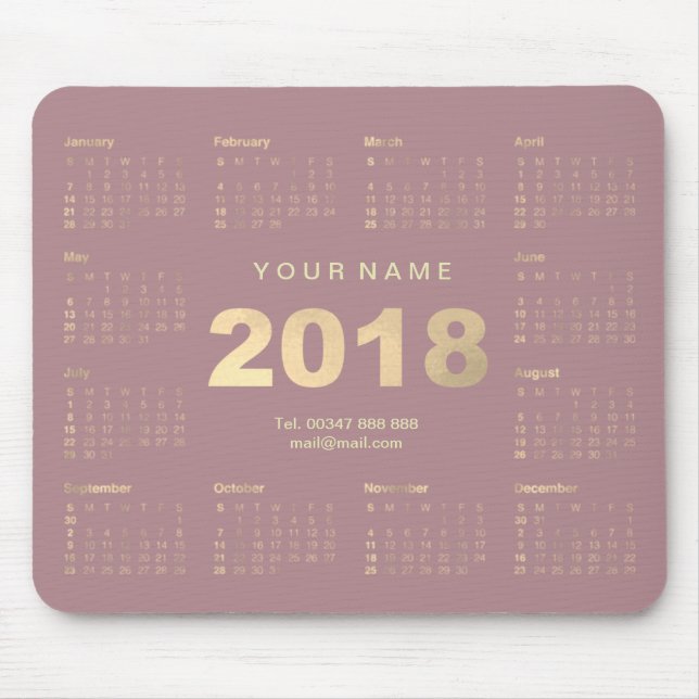 Tapis De Souris Calendrier 2018 Mauve Pink Gold Nom Numéro de cont (Devant)