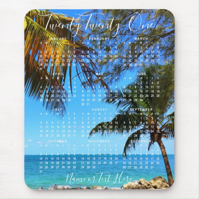 Tapis De Souris Calendrier 2021 Plage tropicale ou votre script ph (Devant)