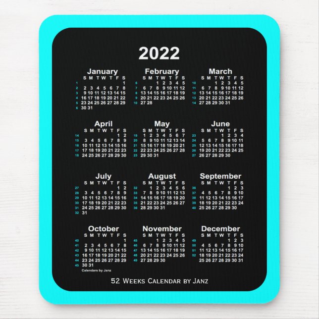 Tapis De Souris Calendrier 2022 Aqua Neon 52 semaines par Janz (Devant)