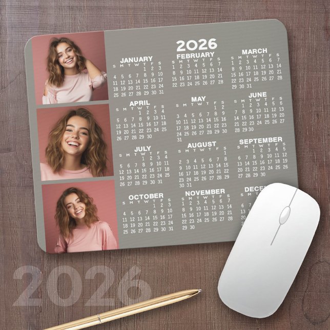 Tapis De Souris Calendrier 2023 avec 3 Collage photo - taupe (2026 Calendar with a Photo Collage on a Mousepad)