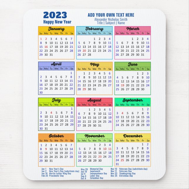 Tapis De Souris Calendrier 2023 avec jours fériés Moderne Bleu (Devant)