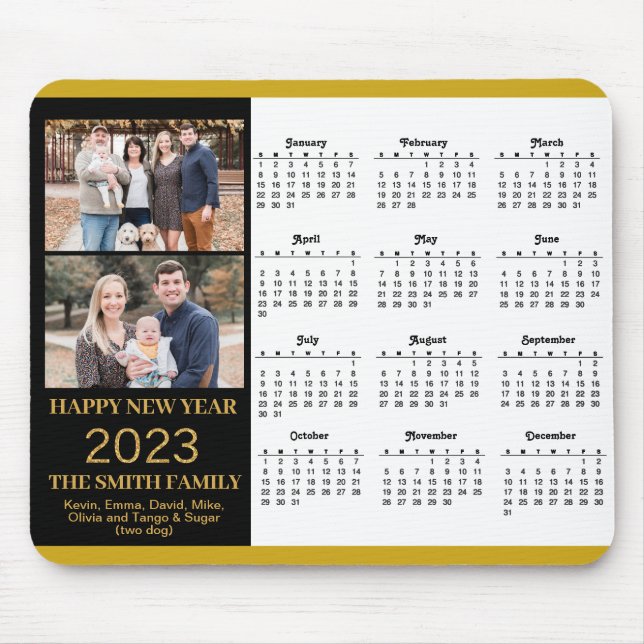Tapis De Souris Calendrier 2023 Gold Script Simple Photo Famille (Devant)