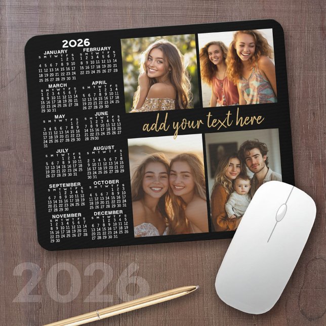 Tapis De Souris Calendrier 2024 - 4 photo collage texte de script  (2026 Calendar with a Photo Collage on a Mousepad)