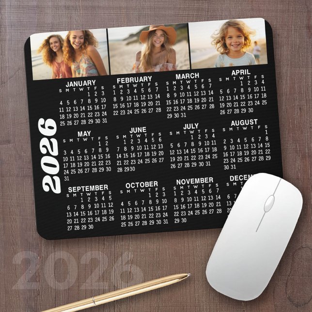 Tapis De Souris Calendrier 2024 avec 3 Collage photo - noir (2026 Calendar with your logo or photos - Great Business Gift or Home Office Decor)