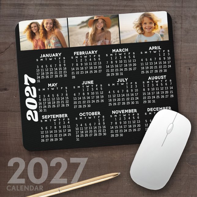 Tapis De Souris Calendrier 2024 avec 3 collages de photos - noir  (2027 Calendar Mousepad)