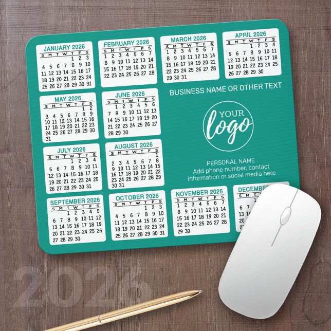 Tapis De Souris Calendrier 2024 avec logo, Coordonnées Bleu (2026 Calendar with your logo or photos - Great Business Gift or Home Office Decor)