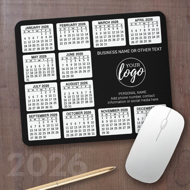 Tapis De Souris Calendrier 2024 avec logo, Coordonnées Noir (2026 Calendar with your logo - Great Business Gift or Home Office Decor)