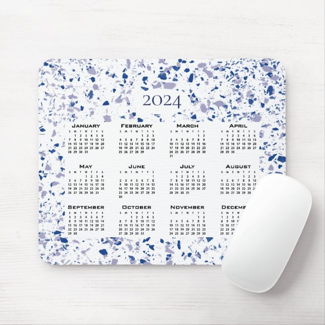 Tapis De Souris Calendrier 2024 Blue White Grey Terrazzo Moderne (Avec souris)