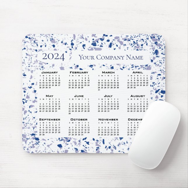 Tapis De Souris Calendrier 2024 Blue White Grey Terrazzo Personnal (Avec souris)