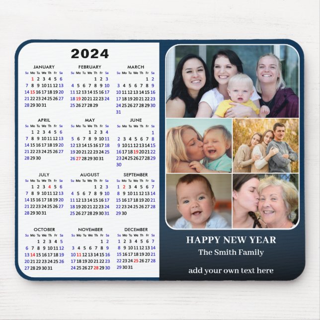 Tapis De Souris Calendrier 2024 Famille Bleue Photo Collage US Hol (Devant)