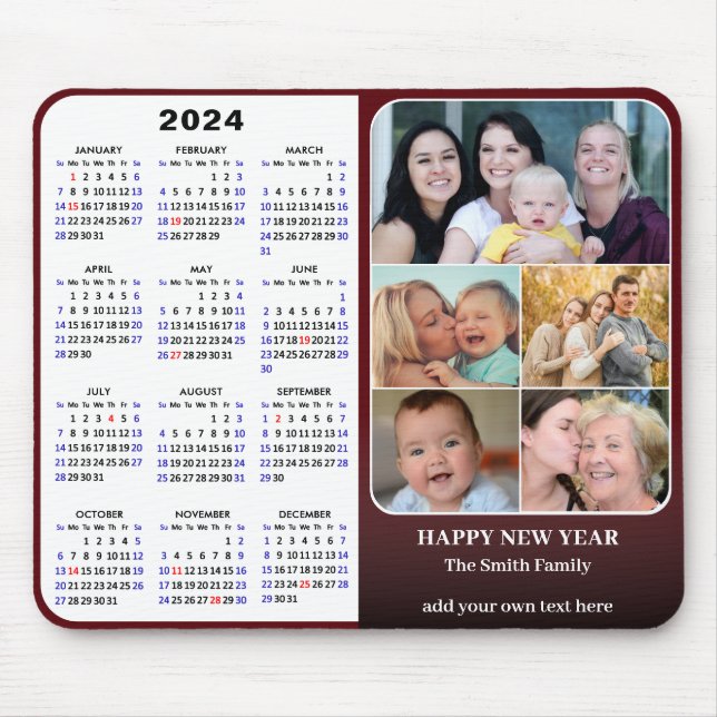 Tapis De Souris Calendrier 2024 Famille Rouge Photo Collage US Hol (Devant)