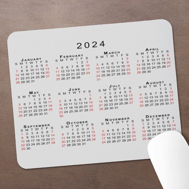 Tapis De Souris Calendrier 2024 Simple gris noir rouge (2024 Calendar Mouse Pad with Black and Red Dates In Situ)