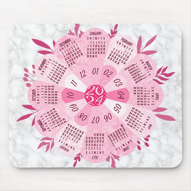 Tapis De Souris Calendrier 2024 Unique Boho rond Plutôt Rose Fleur (Devant)
