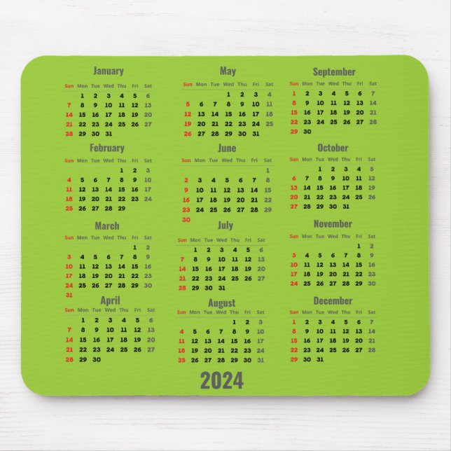 Tapis De Souris Calendrier 2024 Vert Jaune 52 Semaines (Devant)