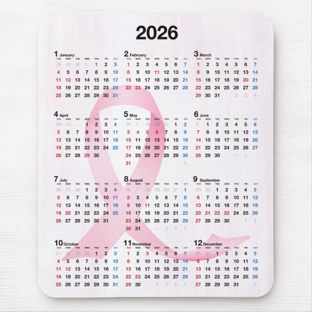 Tapis De Souris Calendrier 2025 Année Ruban rose (Devant)