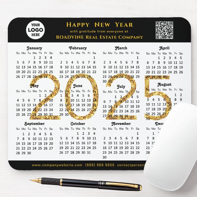 Tapis De Souris Calendrier 2025 Business Logo QR Modern Black Simp (Créateur téléchargé)
