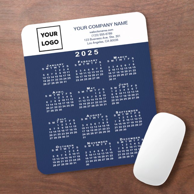 Tapis De Souris Calendrier 2025 Business Logo Texte Marine Bleu Bl (2025 Calendar Business Logo Text Navy Blue White Mouse Pad in situ)