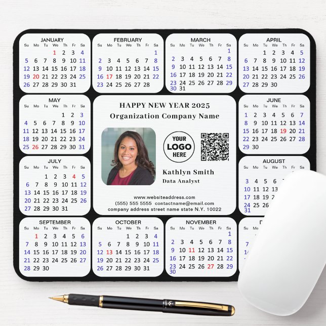 Tapis De Souris Calendrier 2025 Business Photo Logo QR Modern Blac (Créateur téléchargé)