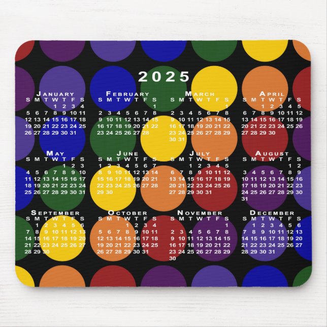 Tapis De Souris Calendrier 2025 LGBTQ Pois arc-en-ciel en noir (Devant)